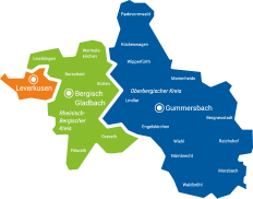 Gebietskarte - Zuständigkeitsbereich des Integrationsfachdienstes in Bergisch Gladbach